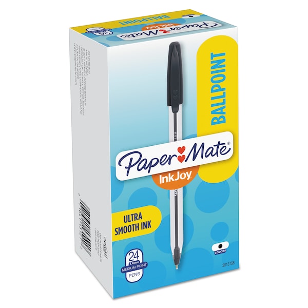 Paper Mate InkJoy 50ST Stick Ballpoint Pen, 1mm, Black, White/Black Barrel, PK24 2013158